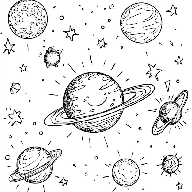 Photo planets in outer space hand drawn vector illustration engraved style