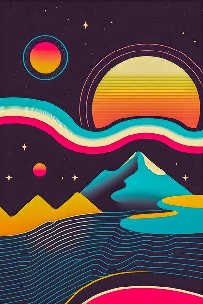 Planets in retro poster style dark galaxy cosmic illustration