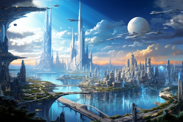 Planets in the sky Big futuristic city view Beautiful illustration picture Generative AI