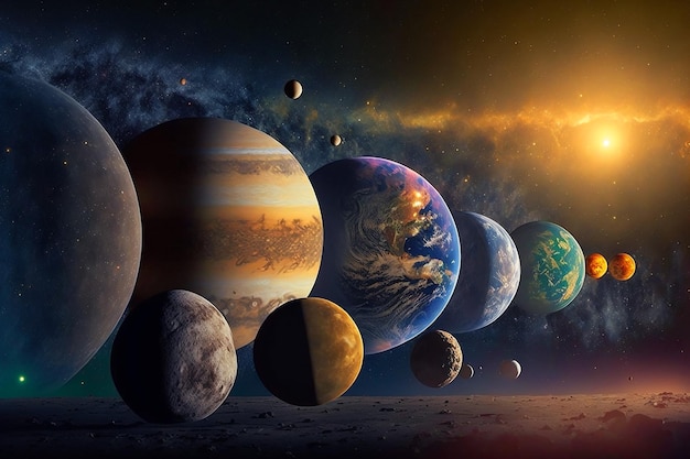 Planets of the solar system with the sun behind them