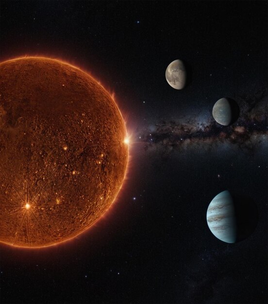 Photo planets in space with the sun and moon