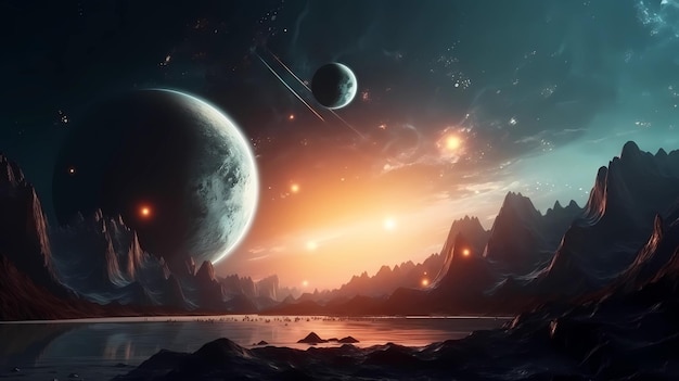 Planets and stars on a background of a planet