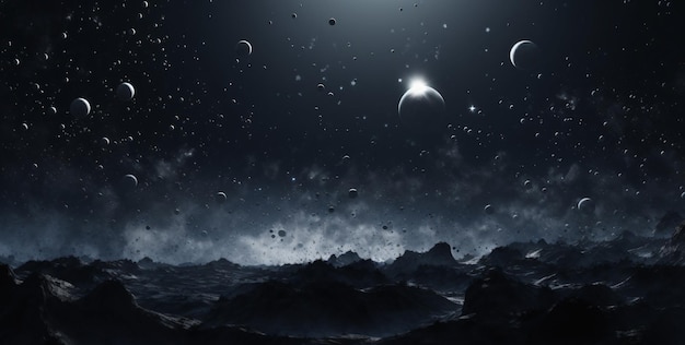 planets and stars in the style of dense compositiondark background