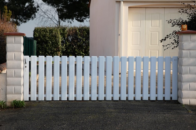 Plank classic white pvc plastic home gate portal of suburbs house street city facade