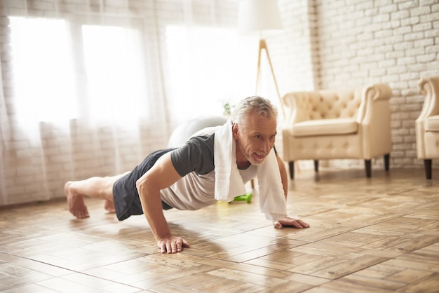 Plank Static Exercise Smiling Elderly Man Sports.