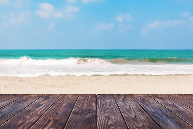 Plank Wooden Table in front of Sea or Ocean Sand Beach Background extreme closeup. 3d Rendering