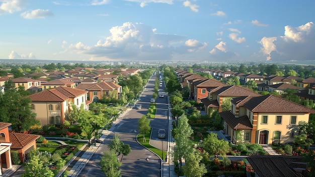 Planned suburban neighborhood rendering with landscaped yards and city skyline