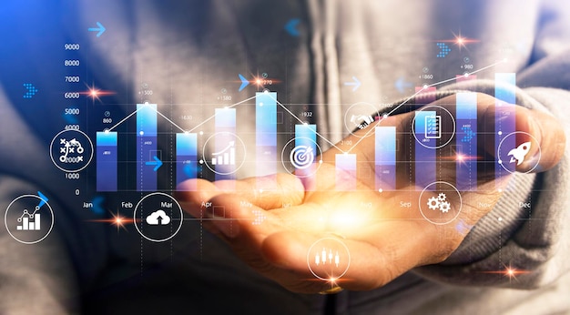 Planning analyzing indicators and buying and selling strategies stock market business growth progress or success