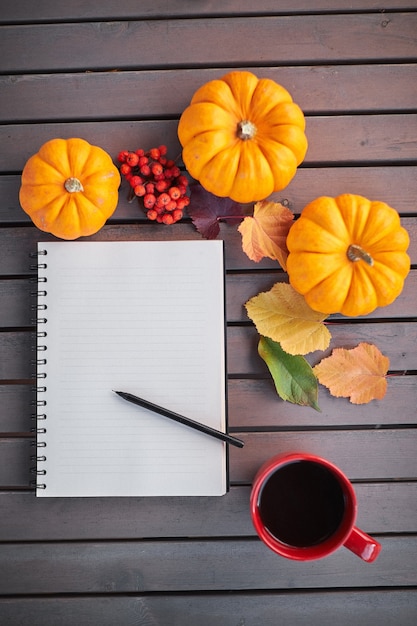 Planning to do list. Autumn mood composition on a wooden table with pumpkins, rowan and leaves. Open notepad and black coffee in the red cup and on grey wooden table, warming drink