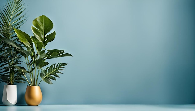 Plant against a blue wall background with copy space