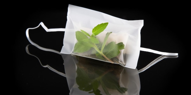 A plant in a bag with a green leaf