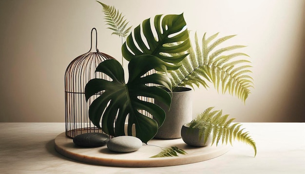 Photo a plant and a bird cage are on a table