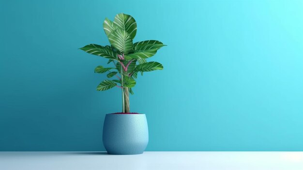 A plant in a blue pot on a white table