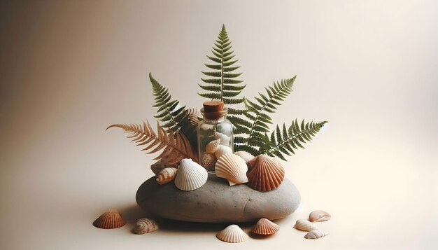 Photo a plant and a bottle of sea shells are placed in a stone vase