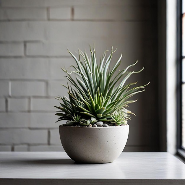 a plant in a bowl is on a table with a window behind it