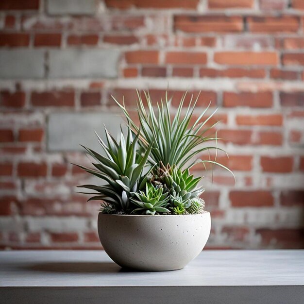 Photo a plant in a bowl with a brick wall behind it