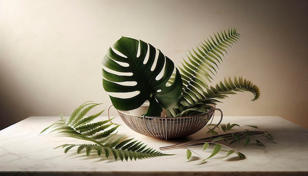 a plant in a bowl with a green leaf