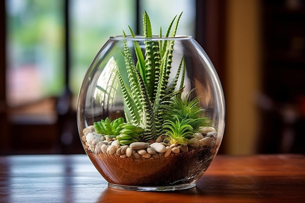 Photo a plant in a bowl with rocks and rocks.