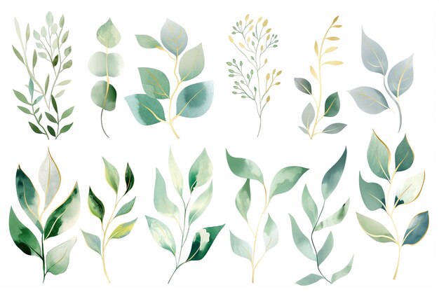 Plant branches and leaves creating a green pattern on a white background