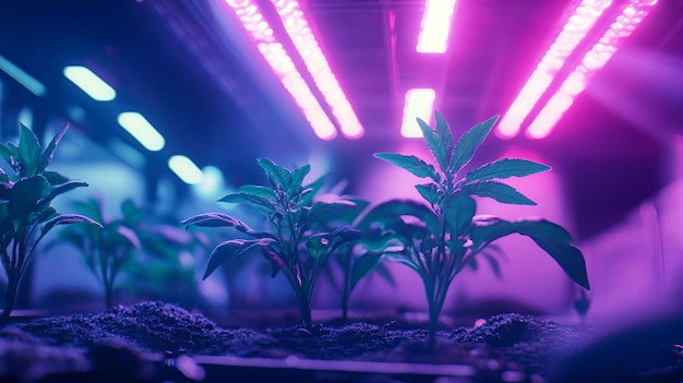 a plant in a dark room with purple lights