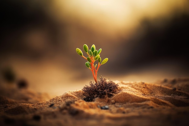 A plant in the desert with the sun shining on it