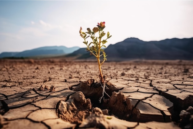 Plant in dried cracked mudmountain and sky on background