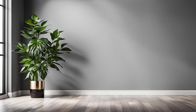 Plant in an empty room with gray wall mockup