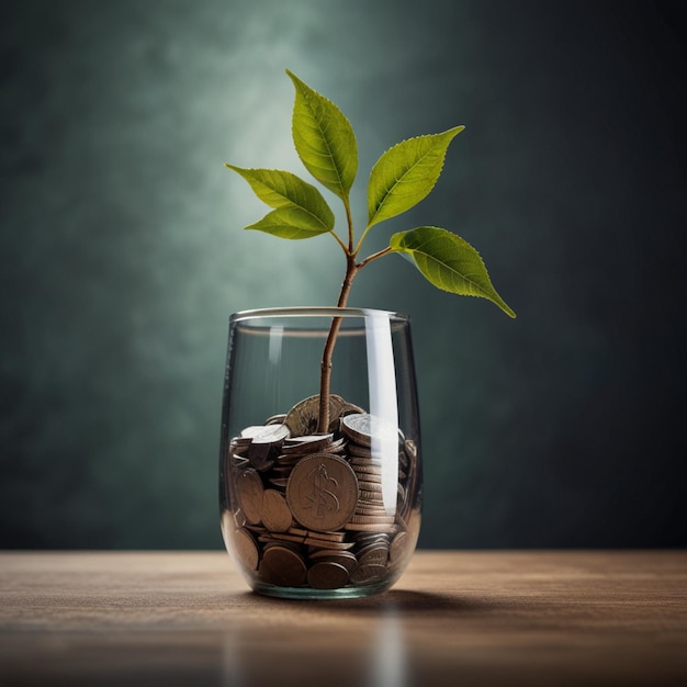 a plant in a glass with a plant growing out of it