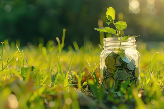 Photo plant growing in coins glass jar for money on green grass