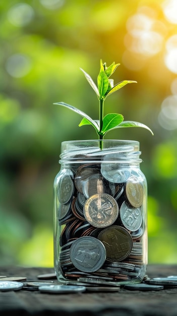 Plant Growing in Coins Jar Financial Concept