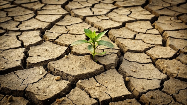 a plant growing in a cracked cracked area with a green plant growing out of it