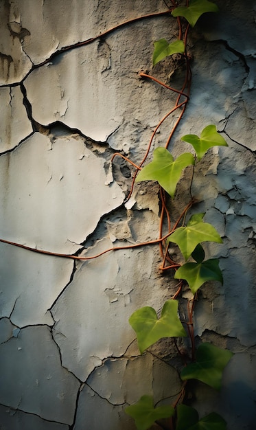 A plant growing on a cracked wall with a cracky surface