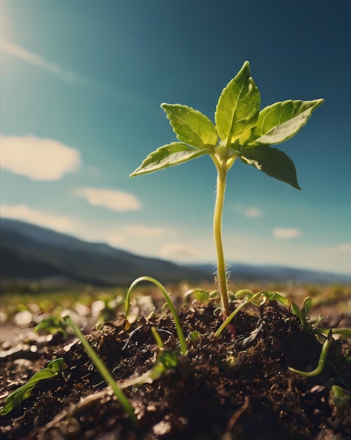 A plant growing in a field with the sun shining on it