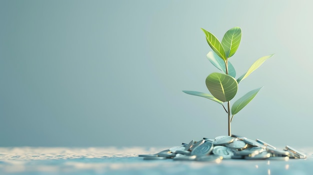 Photo a plant growing from a pile of coins with a green leaf