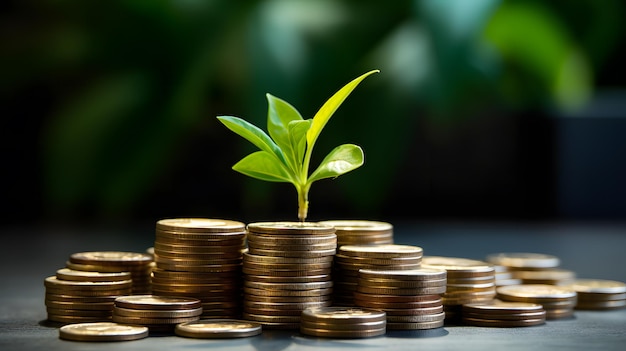 a plant growing from a pile of coins with a plant growing out of it