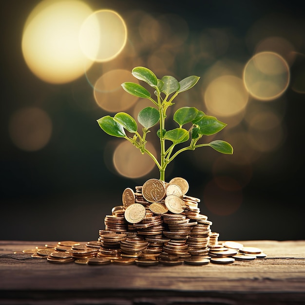 a plant growing from a pile of coins with a plant growing out of it