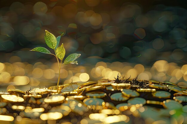 a plant growing from a pile of gold coins with a plant growing out of it