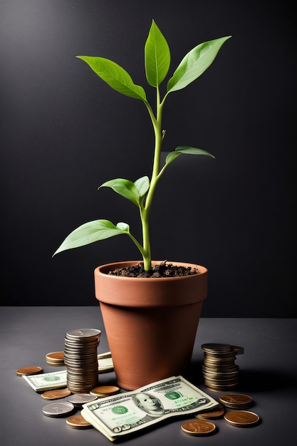 A plant growing from a pot of money and a stack of coins