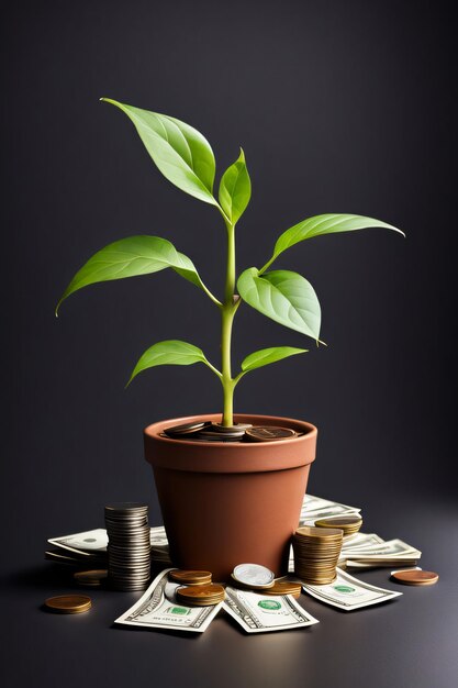 A plant growing from a pot of money and a stack of coins