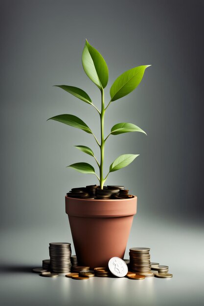 A plant growing from a pot of money and a stack of coins