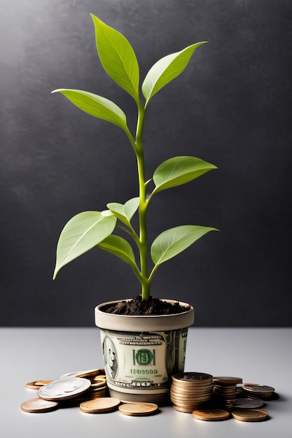 A plant growing from a pot of money and a stack of coins