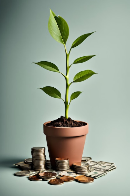 A plant growing from a pot of money and a stack of coins