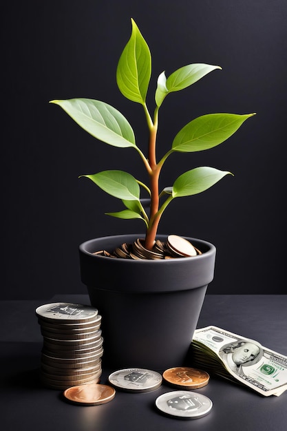 A plant growing from a pot of money and a stack of coins