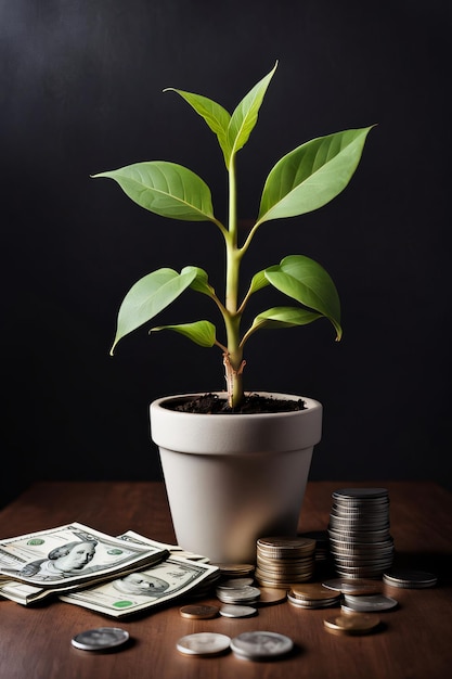 A plant growing from a pot of money and a stack of coins