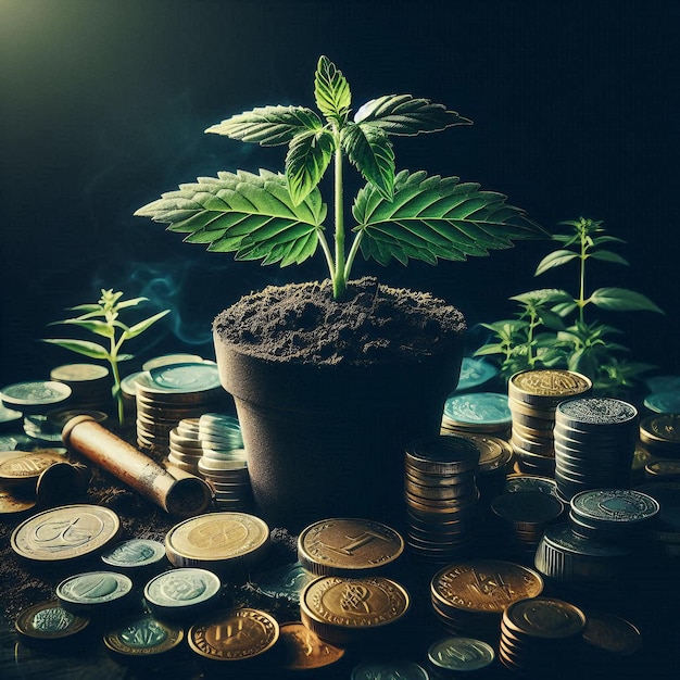 A plant growing from a pot surrounded by coins symbolizing growth and prosperity