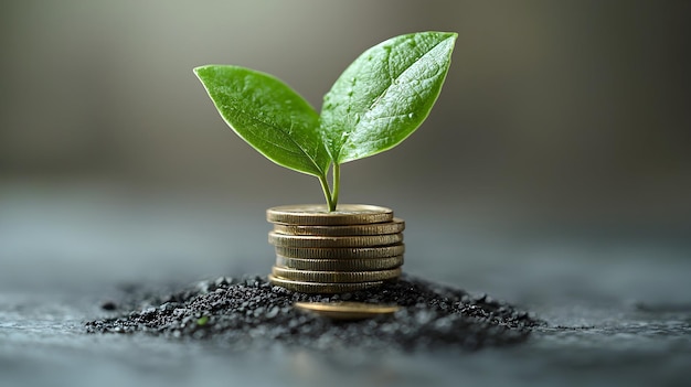 Photo plant growing from stack of coins