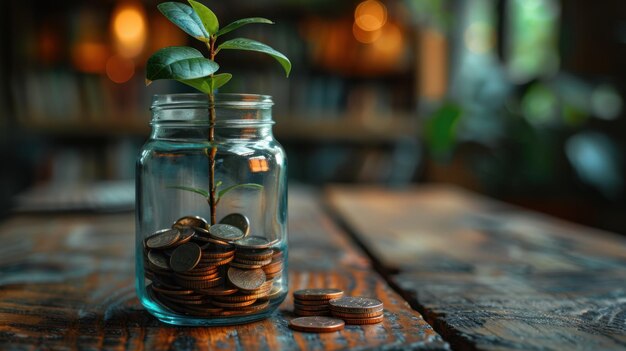 Plant Growing in a Jar of Coins