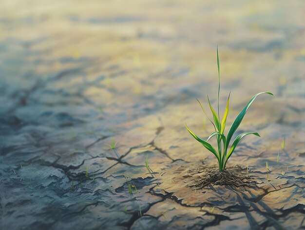 Photo a plant growing in the mud with a reflection of the sun