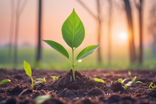 A plant growing new life emerges in wet spring season