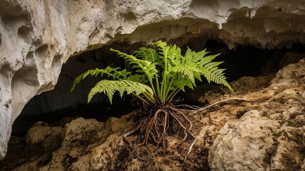 Photo a plant growing out of a cave with a rock formation in the background